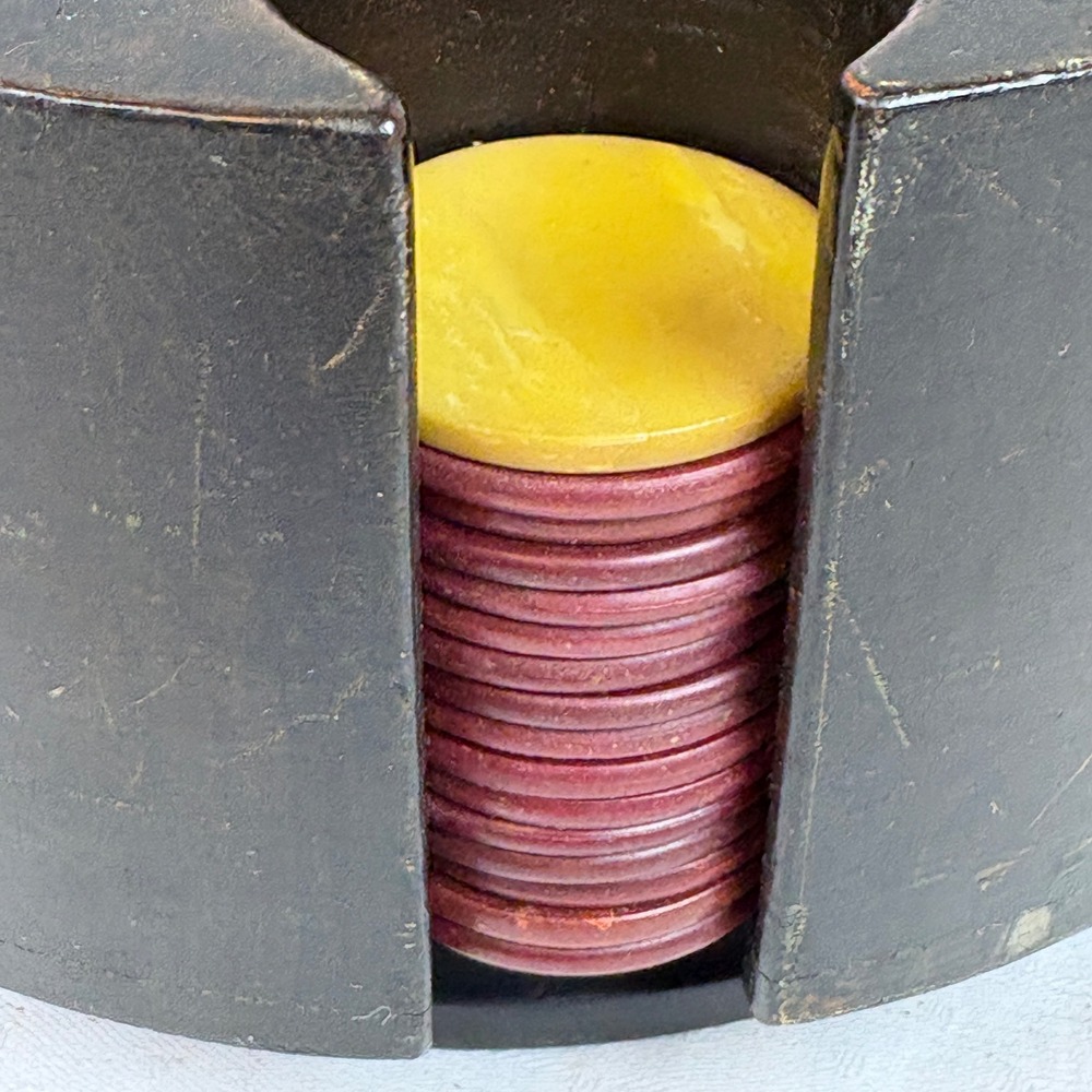 Vtg Wood Carousel Poker Chip Carrier Caddy w/ 230 Clay Chips Lazy Susan 2 Decks - Picture 4 of 16